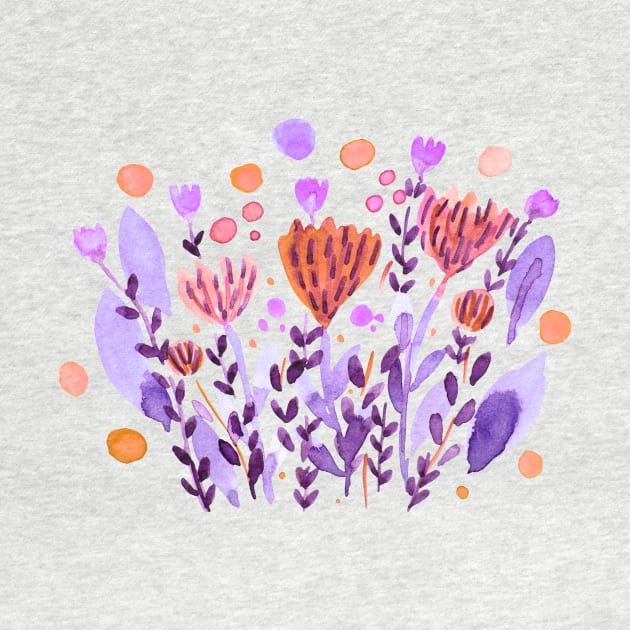 Watercolor whimsical flowers - purple and orange by wackapacka